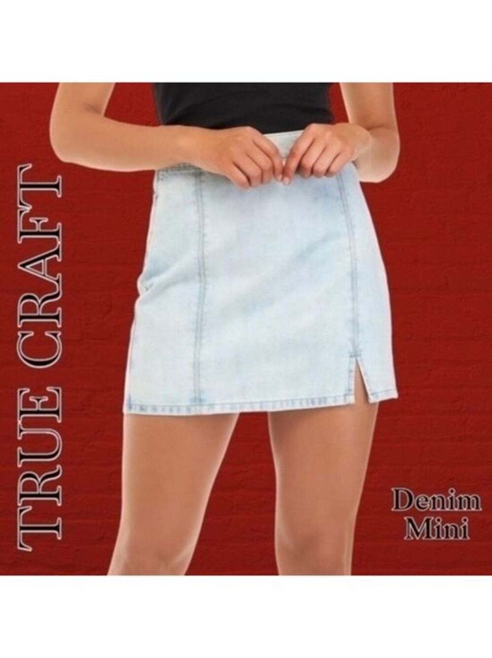 TRUE CRAFT 100% Cotton Sun-Bleached Vertical Seam Side Zip Denim MiniSkirt NWT